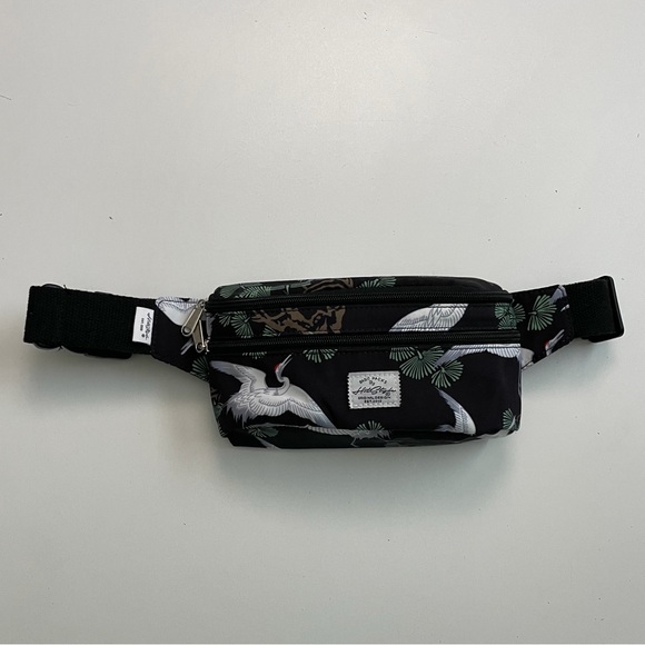 Handbags - Hot Styles Belt Bag Fanny Pack Asian Cranes Botanical Double Zip Pockets Black